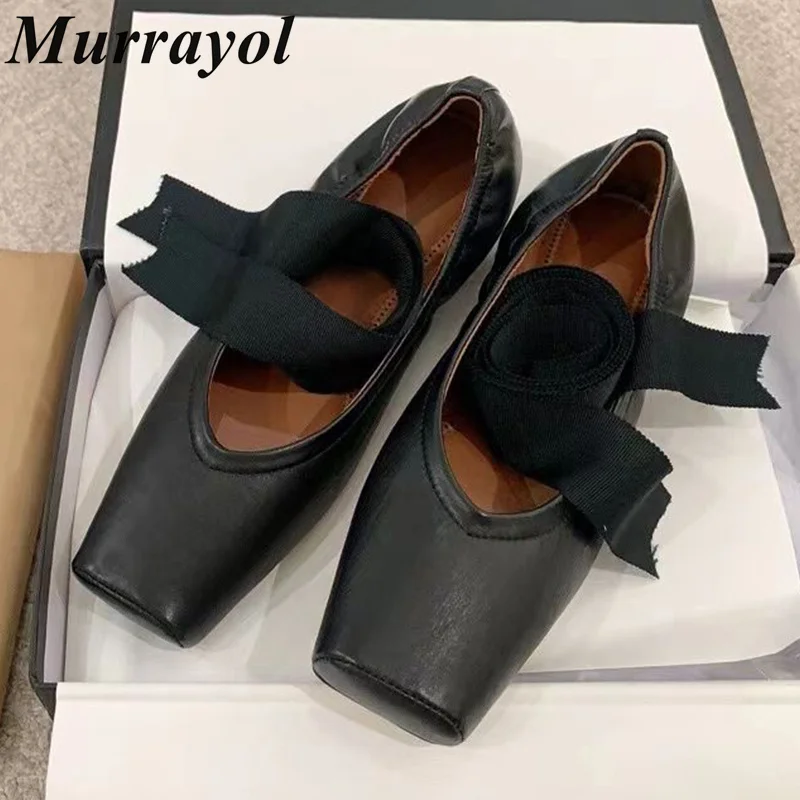 

Square Toe Shallow Mouth Flat Heels Mary Jane Shoes Women Genuine Leather Strap Design Ballet Shoes Summer Wrinkle Single Shoes