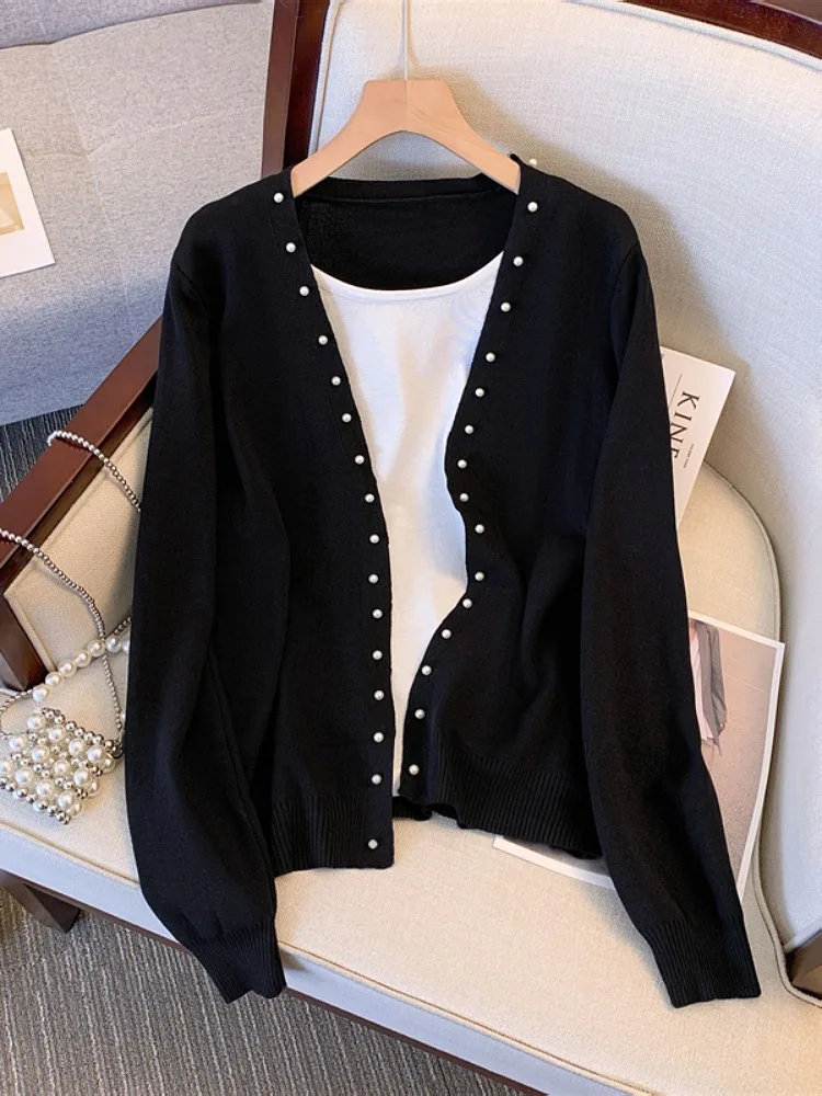 

plus Size Knitted Top Women's Spring Faion 2026 Slimming Concealing Belly Covering Fake Two-Piece Loose Fit Korean Sle