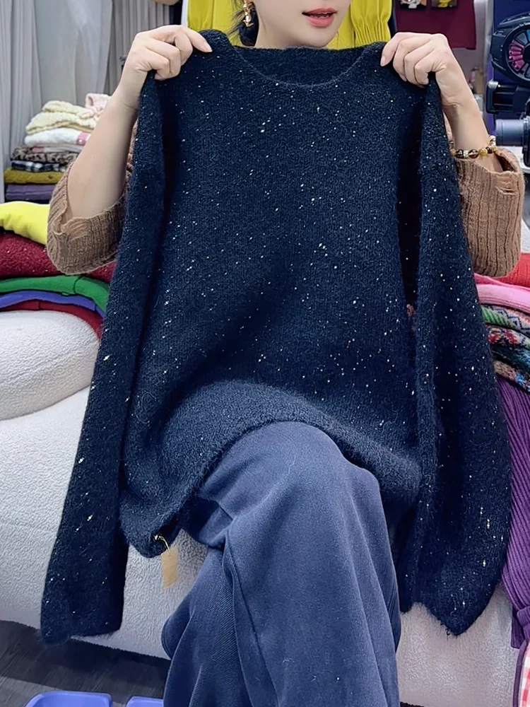 

Корейский свитер с круглым вырезом и блестками, осенняя новинка 2025 года, большие размеры, для повседневной носки, модный, универсальный топ