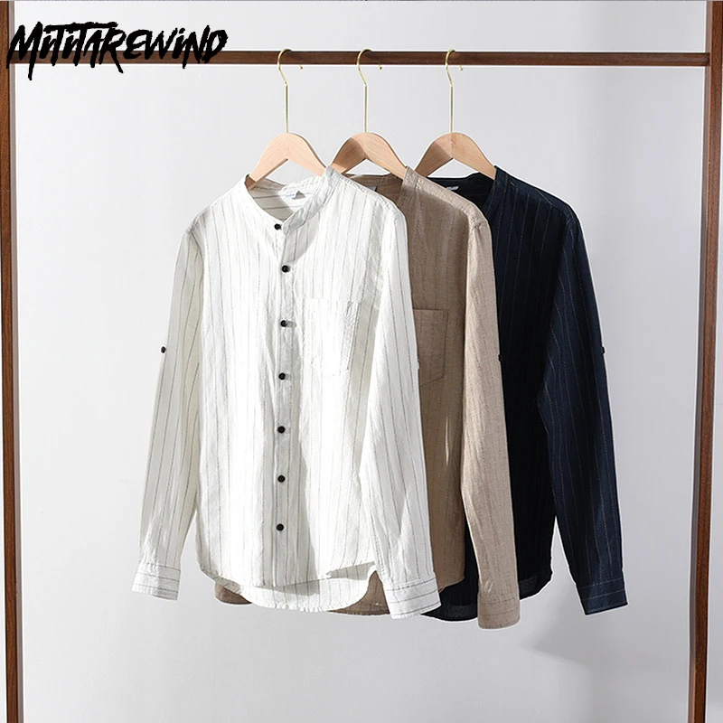 

Cotton Linen Full Sleeve Shirt for Men Daily Casual Shirts Stand Collar Pocket Striped Shirts Male Loose Breathable Tops Fashion