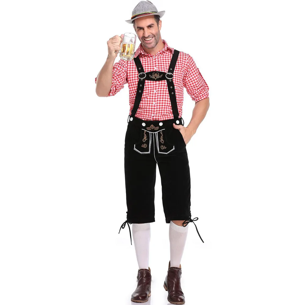 Adult Man Costume Overalls Shirt Hat Suspenders Short Shorts 3Pcs/Set Bavarian Octoberfest German Festival Beer Male Cosplay