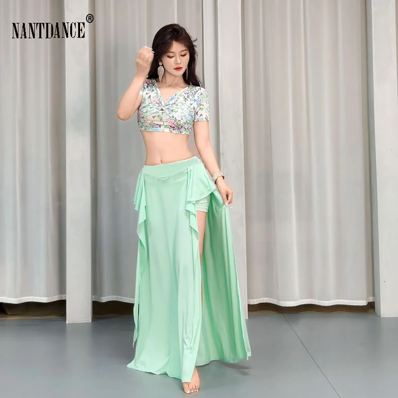 Korea Women Belly Dance Costumes Practice Clothes Top and Split Skirt Belly Dance Beginners Practice Outfit Oriental Dance Wear