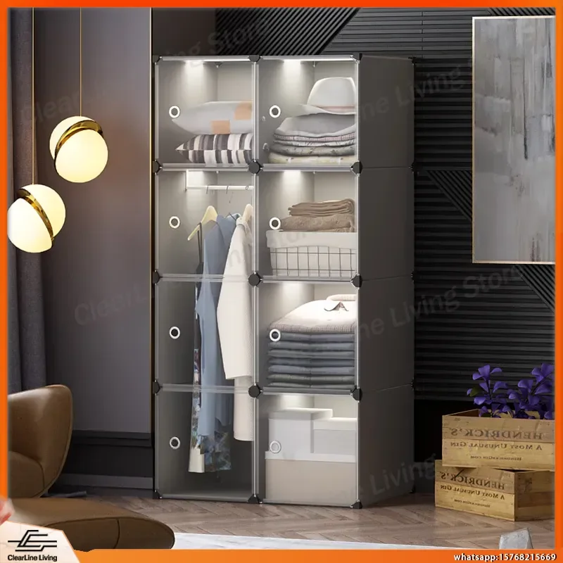 

Modern Simple Transparent Door Cloth Wardrobe for Bedroom Rental Room Small Apartment Storage Cabinet Home Organization