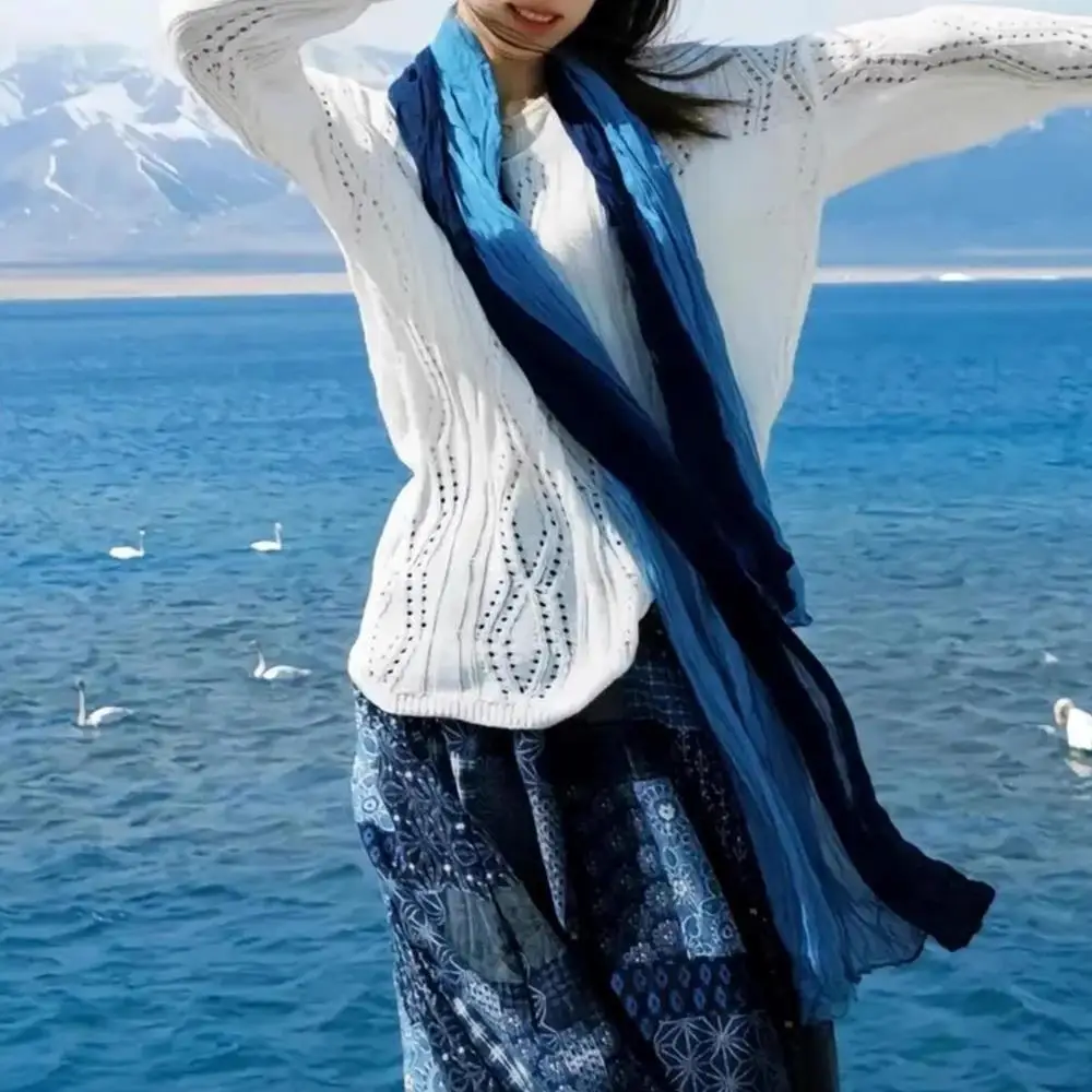 Bufanda arrugada degradada para mujer, bufandas con estilo de fotografía de viaje, nuevas bufandas de gasa de algodón de retazos, chal suave, chales envolventes para mujer