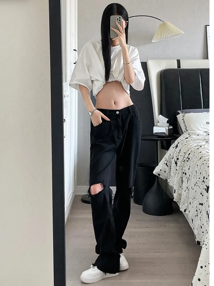 

Мужские летние тонкие свободные джинсы с широкими штанинами, рваные джинсовые брюки, прямые, слегка расклешенные, в американском стиле High Street, износостойкие