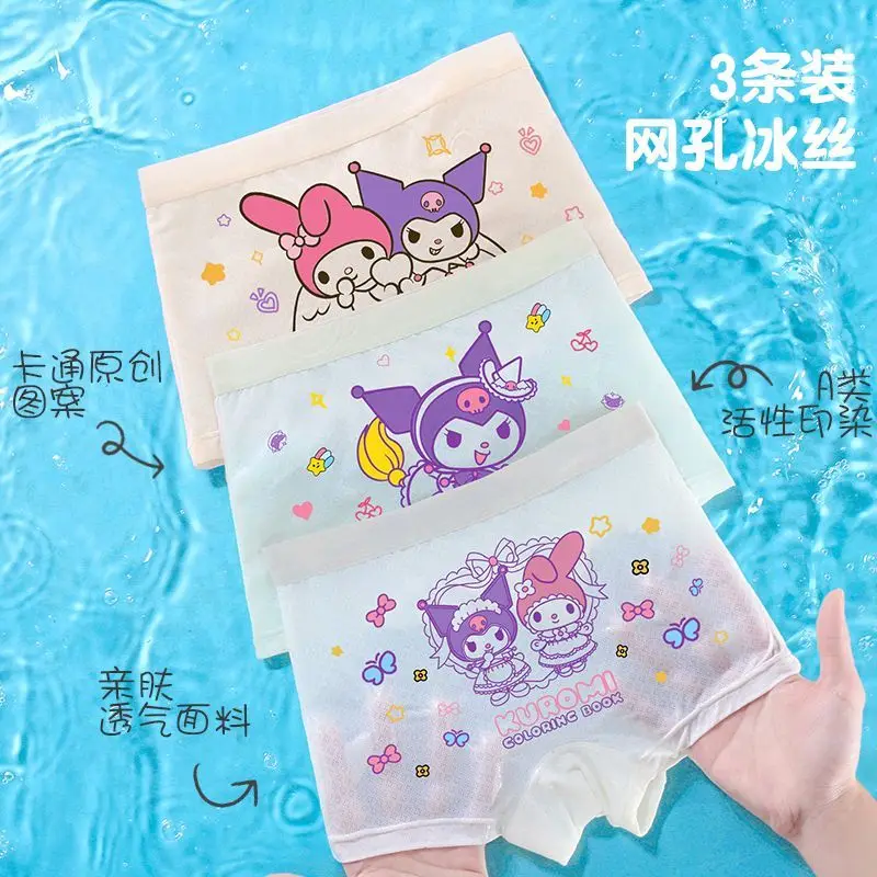 

2024 Kuromi Children Briefs Kawaii Sanrio Anime Thin Girls Ice Silk Underwear Cute Cartoon Breathable Anti-Bacterial Boxers Gift