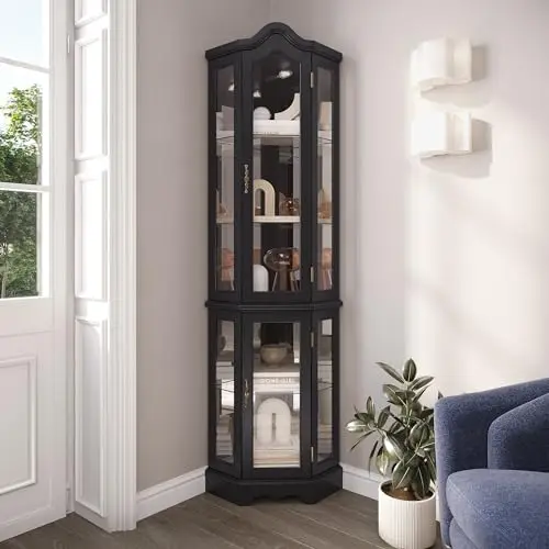 Lighted 3-Side Glass Display Curio Cabinet w/Tempered Glass Doors and Shelves, Curved Wood Corner Cabinet with Bulb