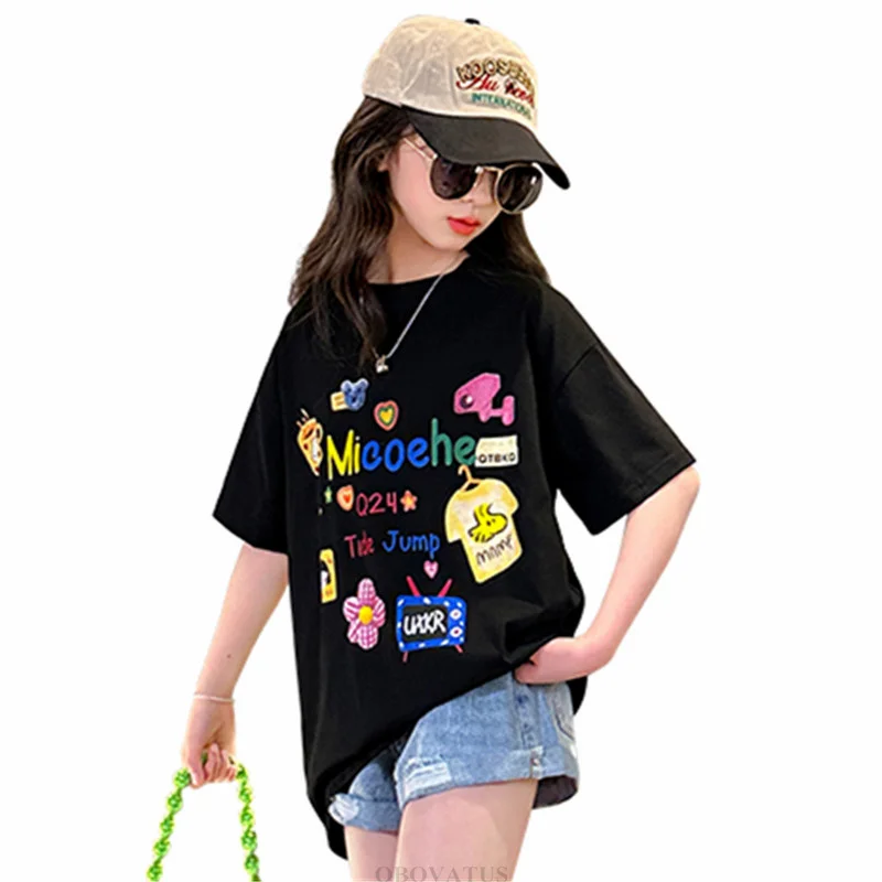 New Girls Cotton T-Shirt Short Sleeve Loose Style Summer Kids Printed Tee Tops Children Casual Tshirts for Teen Girl Clothes