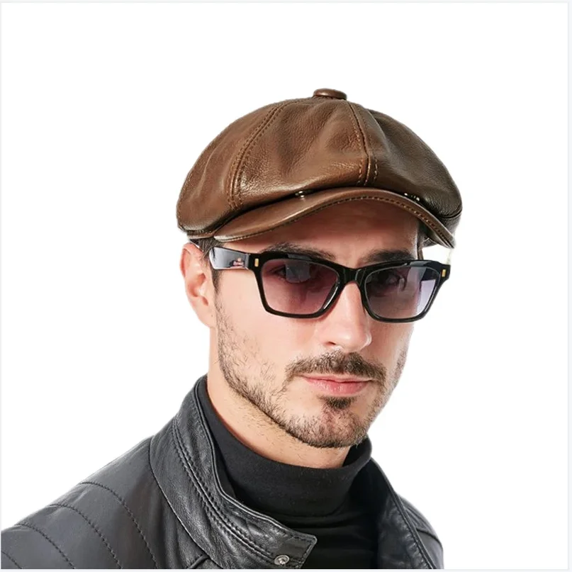 Retro Brown Hats Men Spring/Winter 100% Real Leather Warm Cap Male Beret Painter Boina Cowhide Octagonal Casquette High Quality
