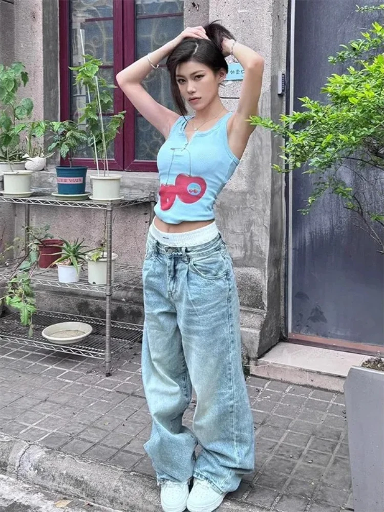 

Женский жилет, летний вишневый принт на молнии, облегающие короткие топы без рукавов Harajuku Y2k, эстетичная верхняя одежда, майки Ropa De Mujer