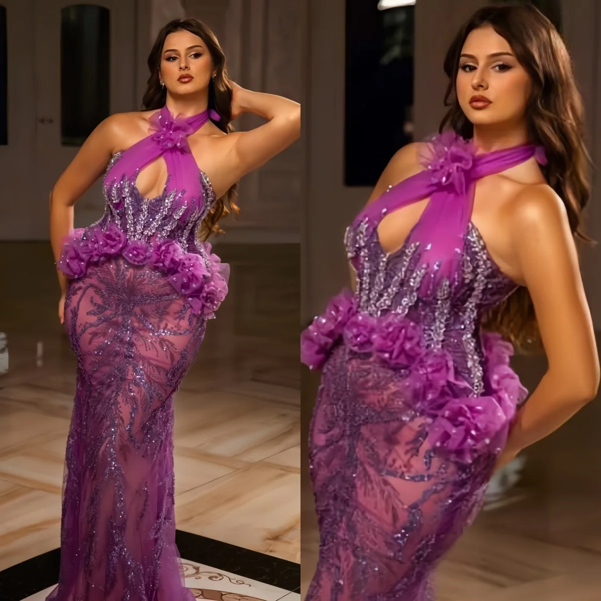 Plus Size Sequins Customized Mermaid Evening Dresses Halter Neck Crystal Floral Prom Gowns Floor Length Party Dresses