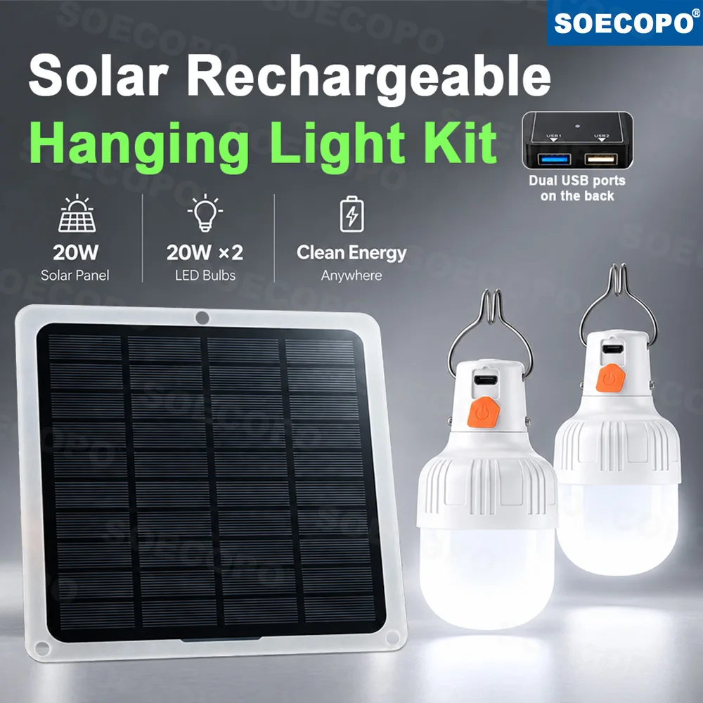 20W Solar Hanging Light Kit（3 Lighting Modes Dual USB Output Rechargeable LED Bulbs） Emergency Home Use Portable Outdoor Camping