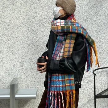 Vintage Kleurrijke Plaid Kasjmier Kwastje Sjaal Verdikte Warme Winter Casual Koreaanse Sjaal Pashmina Mohair Sjaal Voor Vrouwen Mannen
