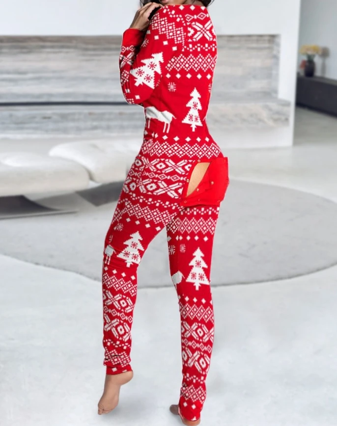 Christmas Print V-Neck Jumpsuit Functional Buttoned Flap Adults Pajamas One Piece Overall