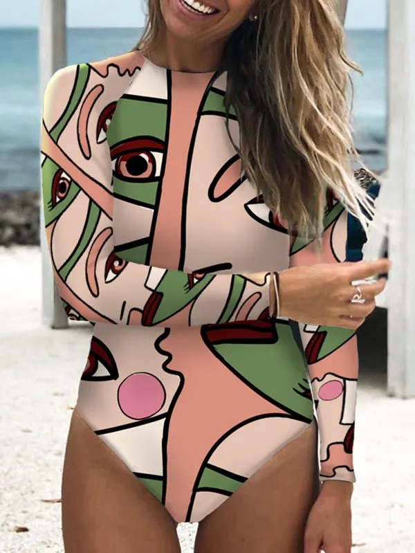 

Fashion Women's Bikini Trend Abstract Print Long Sleeve Backless Wetsuit One Piece Designer New Beach Vacation Swimsuit