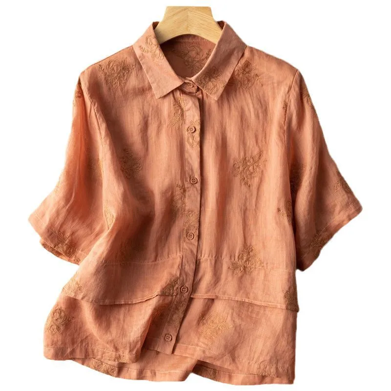 Blusa de linho de algodão de manga curta virada para baixo feminina, tops bordados vintage, camisas casuais de verão, estilo artístico, nova chegada, P198