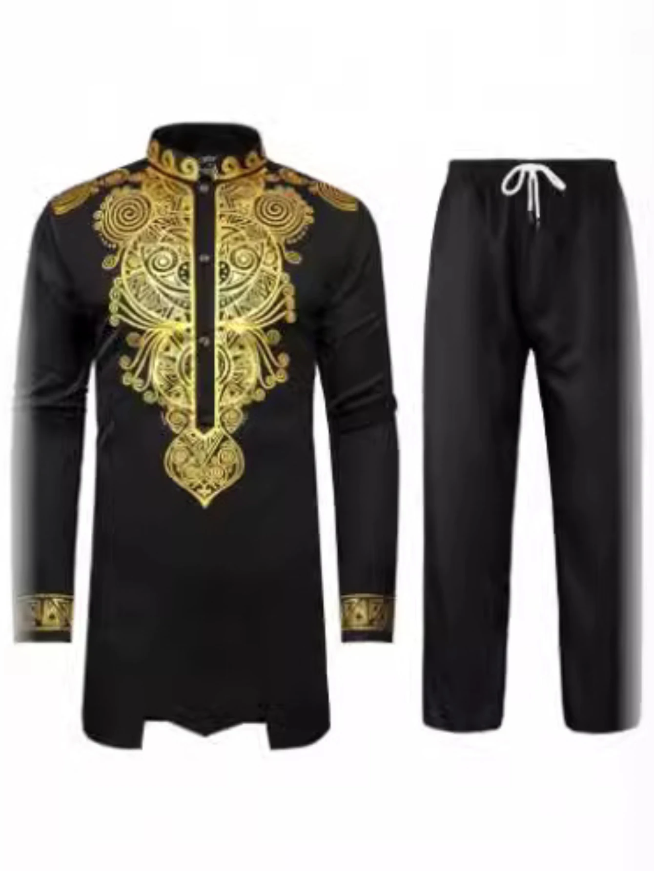 Men African Two Piece Set Traditional Suit Long Sleeve Gold Print Shirt Pants Party Africa 2024 Summer Gentleman Ethnic Outfit