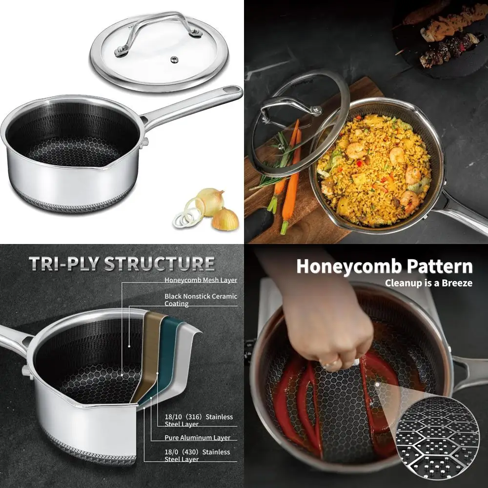 

Stainless Steel Honeycomb 3-Quart Saucepan with Lid, Dual Pour Spouts, Compatible with All Cooktops, Dishwasher Safe