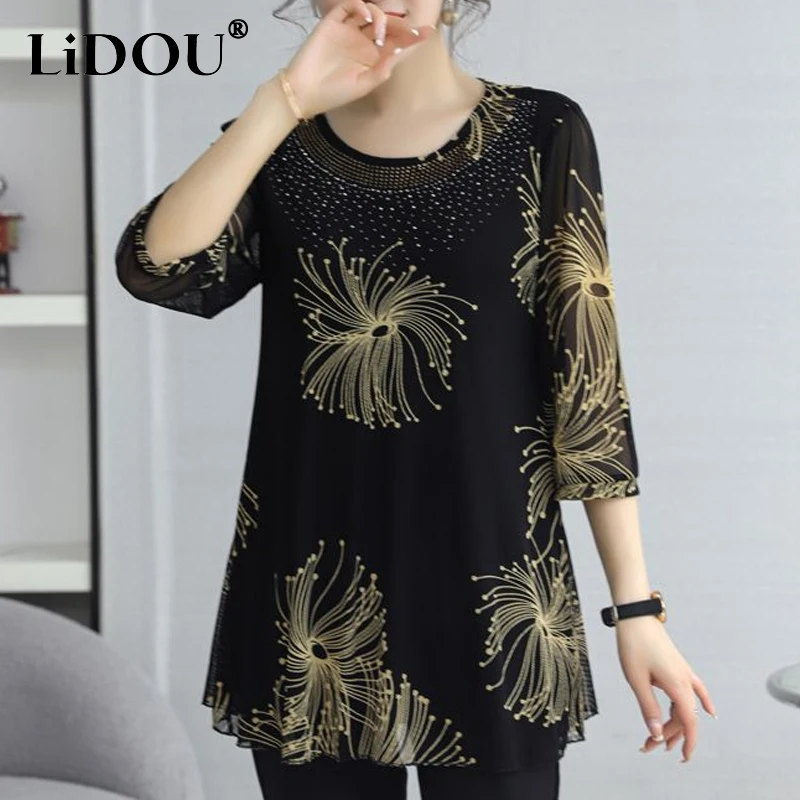 

2023 Summer New Round Neck Three Quarter Floral Printing T-Shirts Women Lace Diamonds Mid-length Korean Style Pullovers Tees