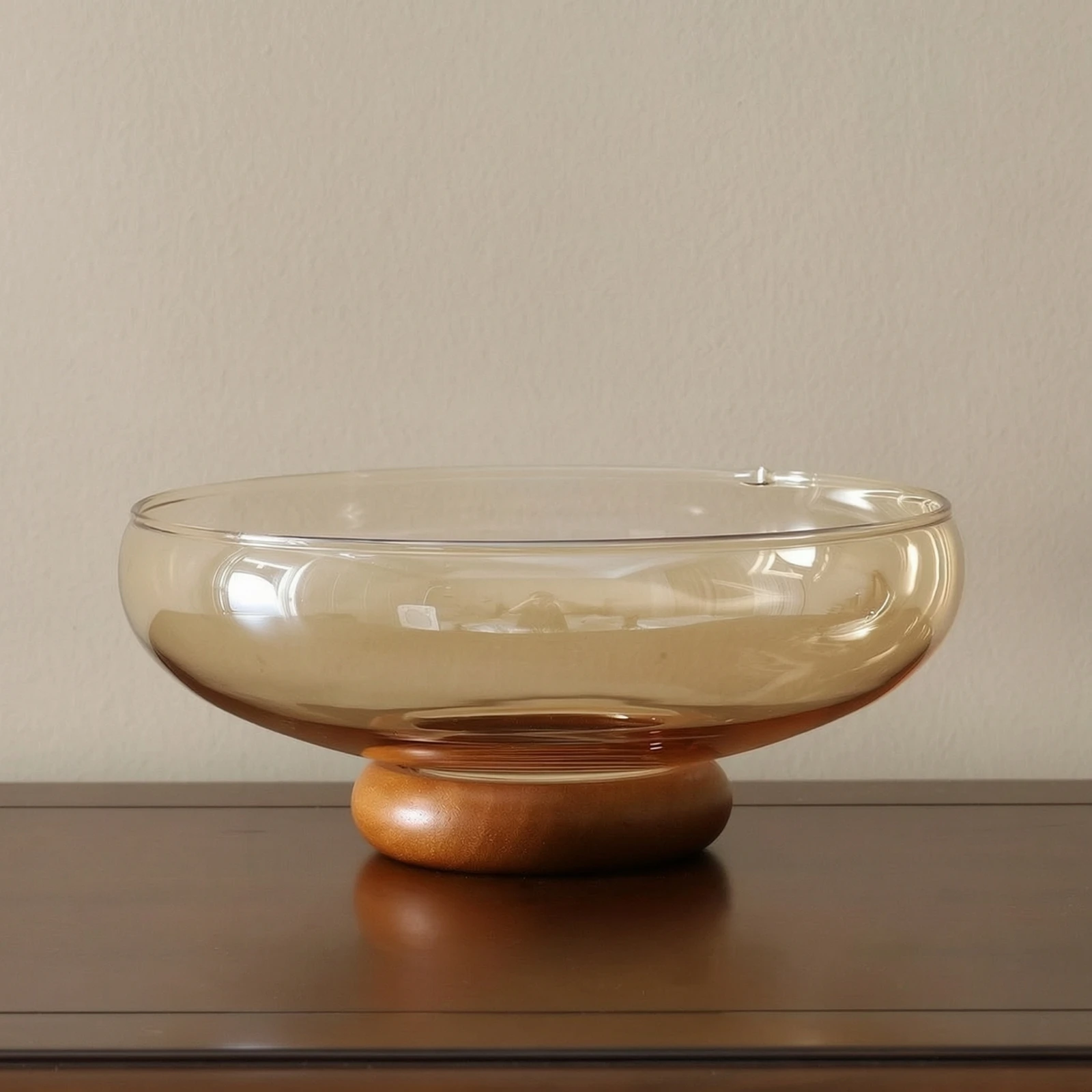 Glass Fruit Bowl with Wooden Pedestal Modern Glass Fruit Bowl Countertop Organizer Shallow Elevated for Kitchen Counter