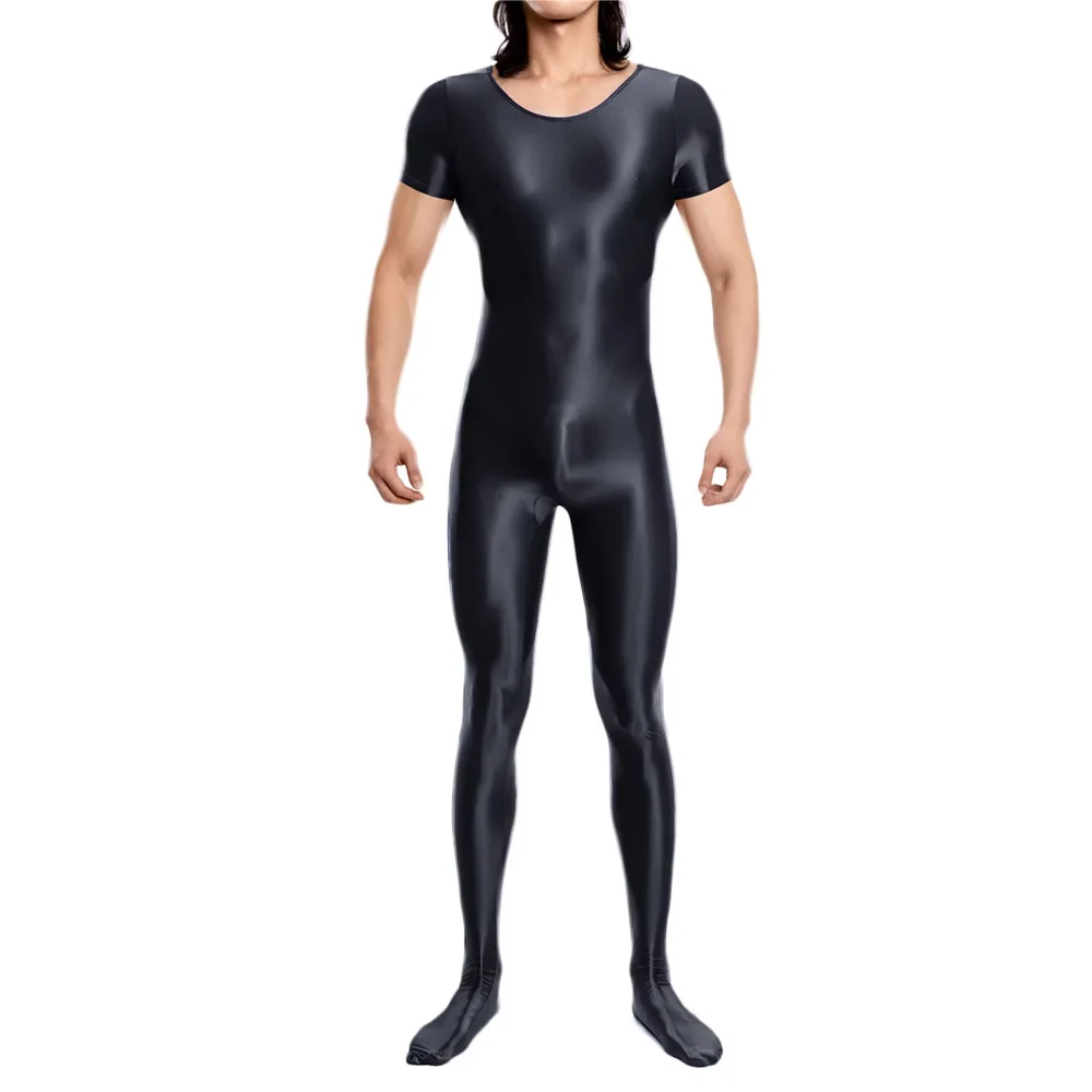 Tuta sexy in raso lucido Shaper ad alta elasticità Indossare body completo Collant a maniche corte Body esotico Zentai morbido unisex