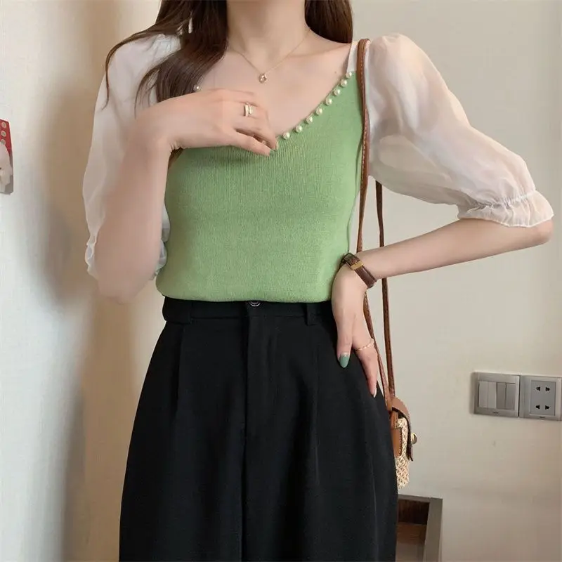 2024 Summer Women's Leisure Fashion Elegant Commuting Solid Color Slim Fit Design Feel Nail Bead V-neck Ice Silk Chiffon Top