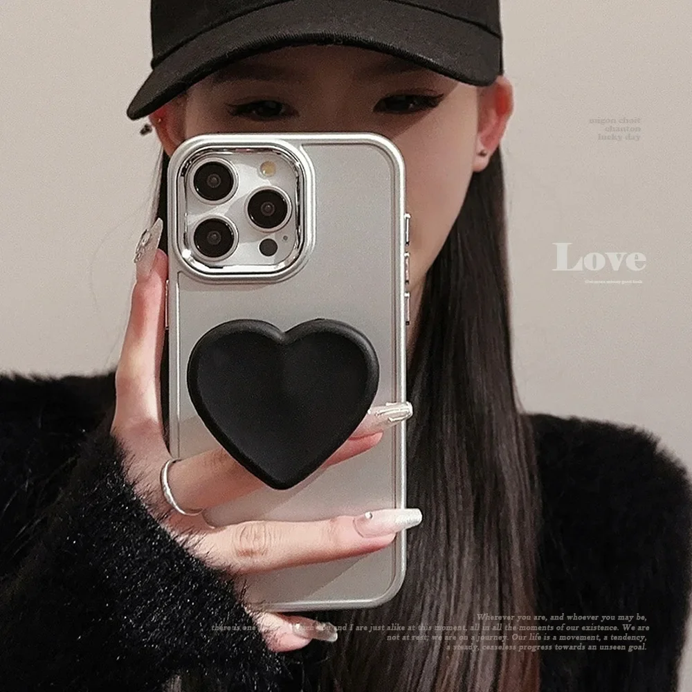 Black Love Stand Phone Case  Applicable for iPhone 13, 12Pro, 11, Plating, Soft, Premium Sense, 16, 15, 14Pro Max