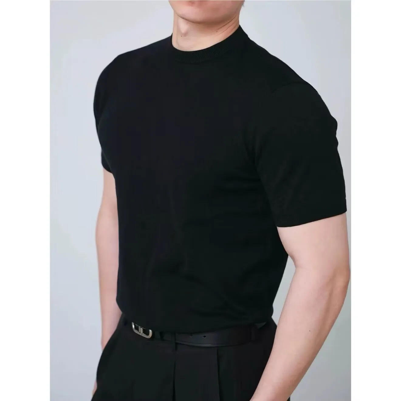 

Premium Cotton Knitted Short Sleeve T-Shirt Fitness Sporty Commuter Slim Fit Unisex Shoulder Appropriate round Neck Tee