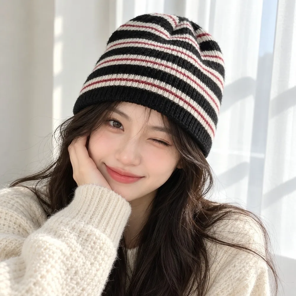 Brimless Wool Blend Striped Beanie Hat Thick Color Blocked Ribbed Knitted Cap Korean Style Soft Warm Pullover Hat Cycling
