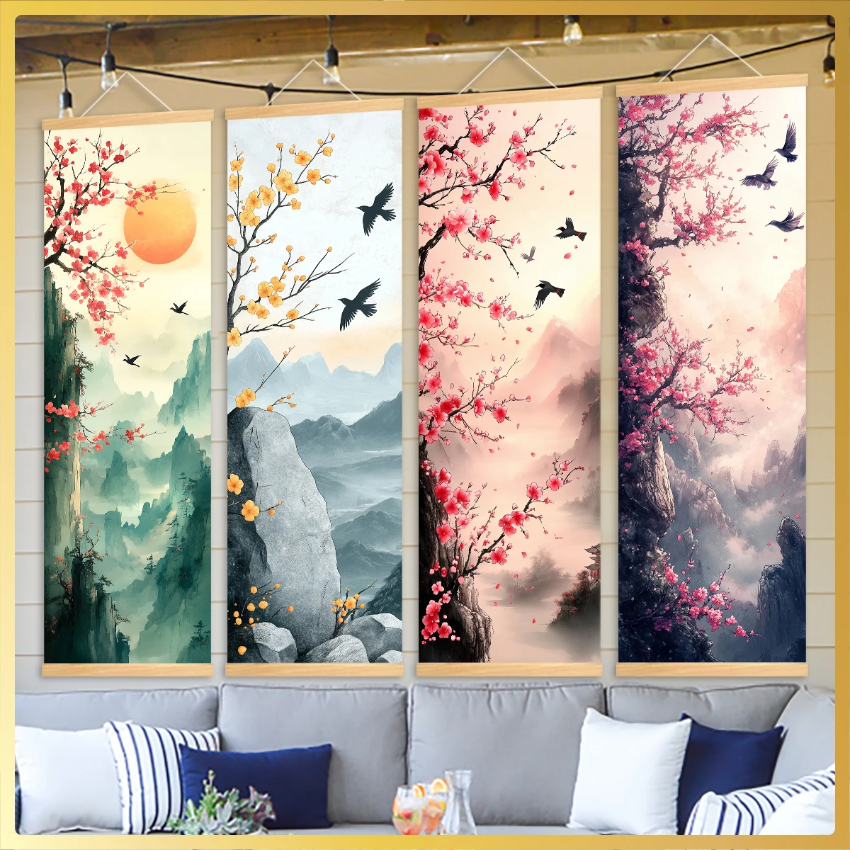 Peinture murale suspendue en bois, fleurs de prunier, oiseaux, soleil, toile murale, image murale, affiche haute définition, décoration de maison