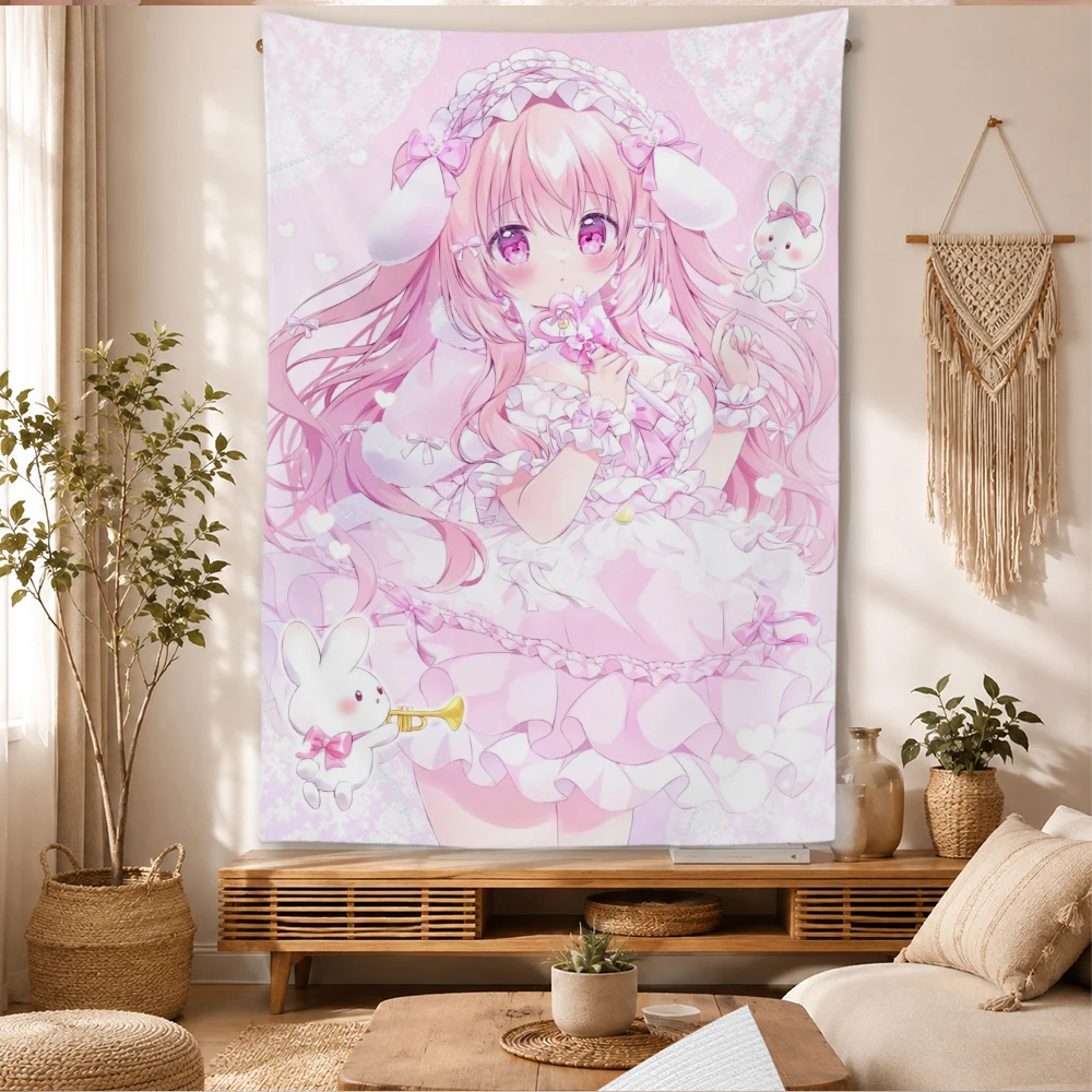 Cute Cartoon Pink Bunny‑Ear Girl Tapestry Ruffle Dress Little Rabbit Doll Bow Lace Wall Hanging Polyester Wall Art Poster