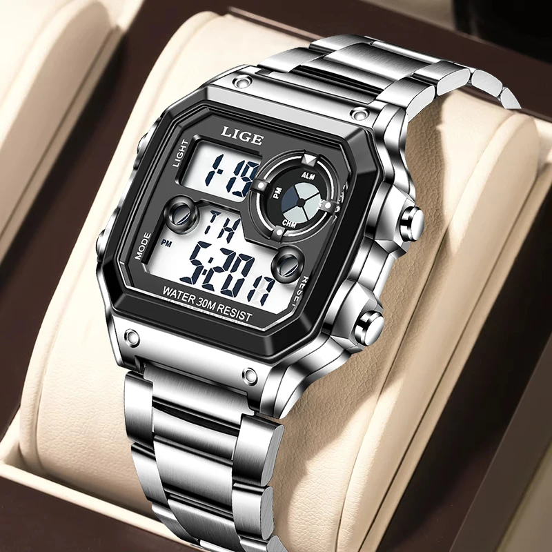LIGE Fashion Casual Electronic Man Watch Sports Waterproof Luminous Alarm Stainless Steel Band Digital Men's Watches Chronograph