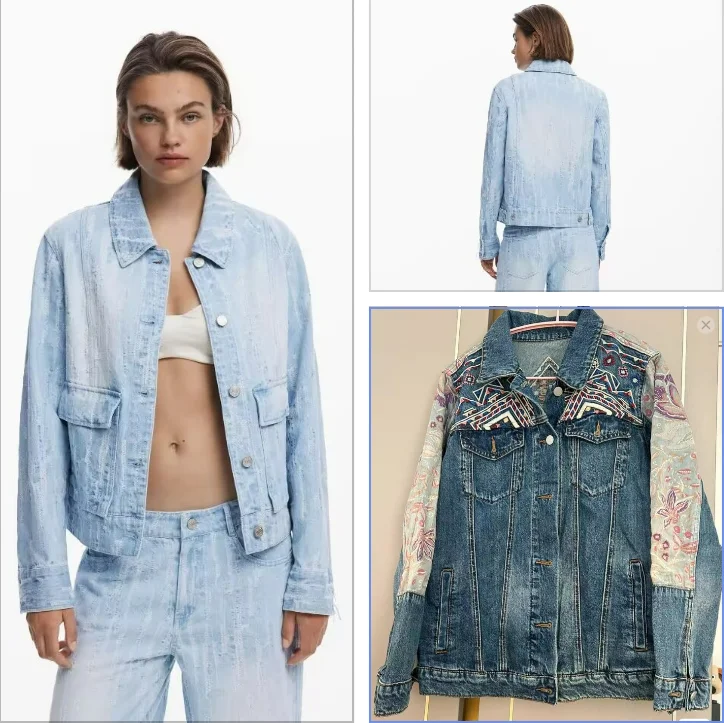 

Новая испанская джинсовая куртка с принтом, весенне-осенний стиль, модная и универсальная, с эффектом потертости и состаривания.