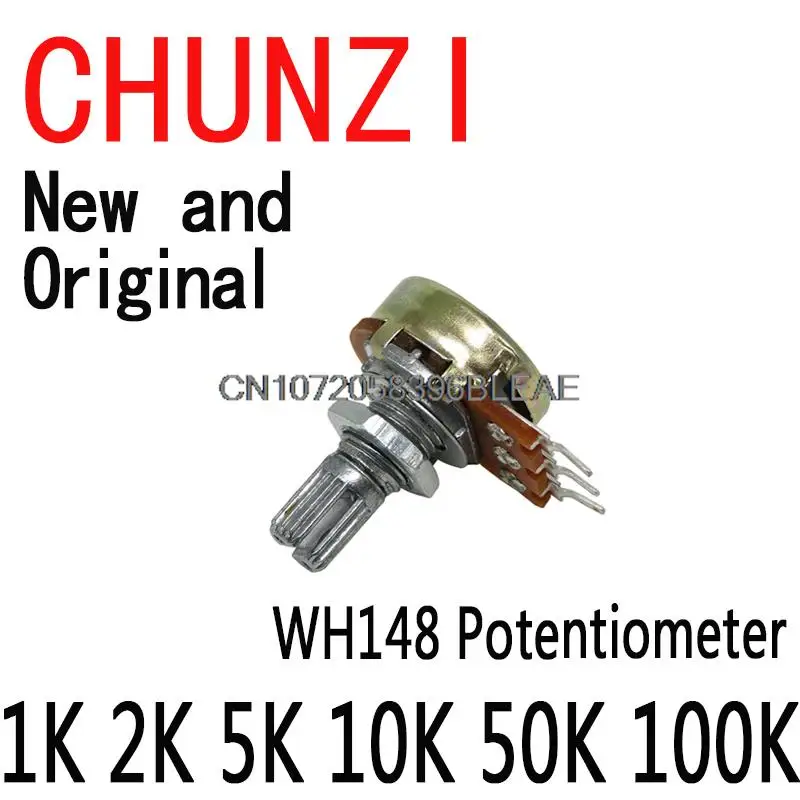 2PCS/LOT B1K B2K B5K B10K B20K B50K B100K B500K 3Pin 15mm Shaft Amplifier Dual Stereo Potentiometer WH148 1K 2K 5K 10K 50K 100K