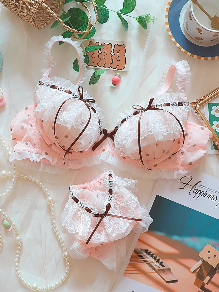 Cute teenage underwear sweet lace bra with steel ring micro-polymerization lingerie with underpants suit women sweet bralette