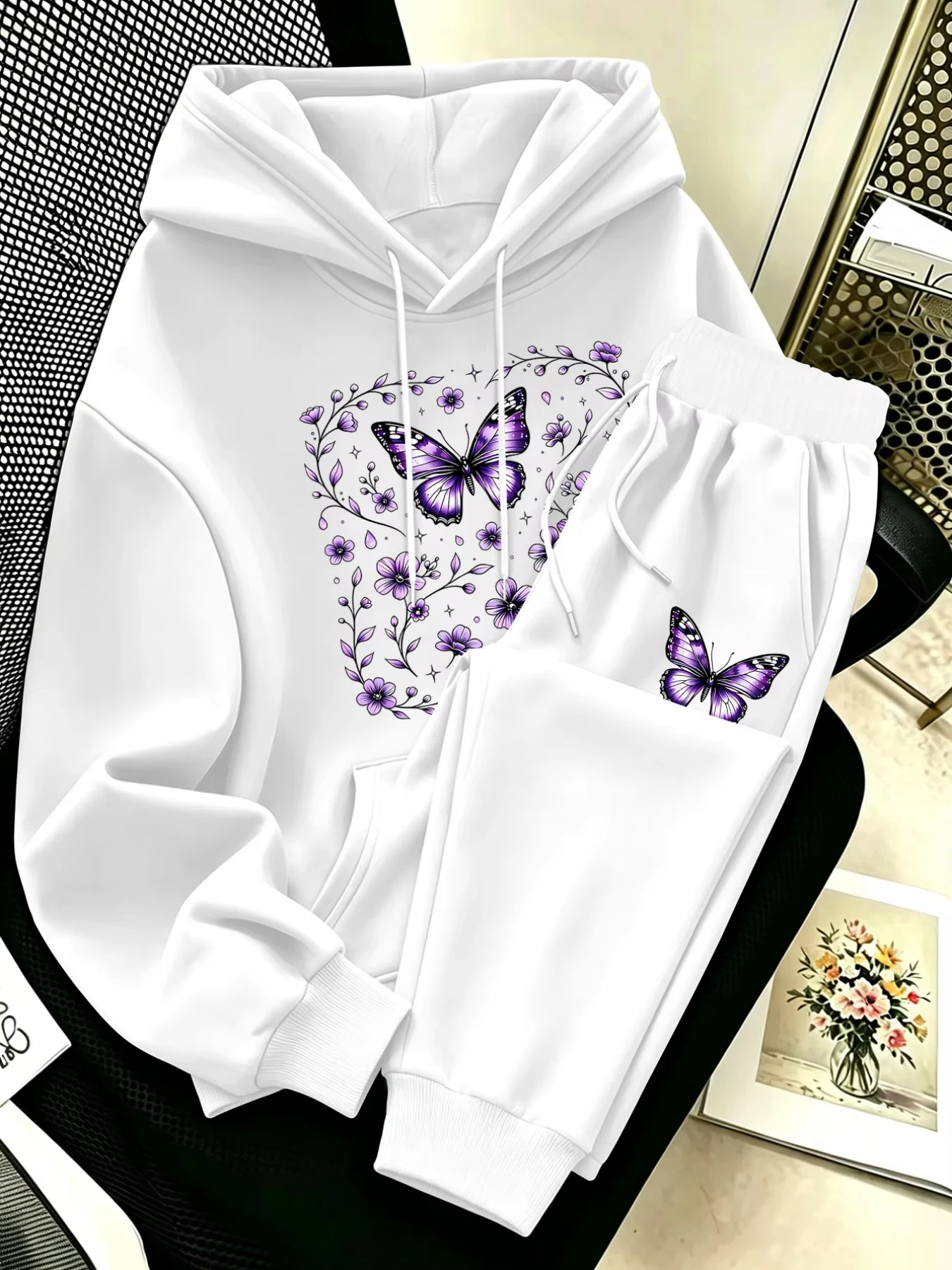 Women 2‑piece hoodie sweatpants set, dreamy purple butterfly flower print, soft fabric, product shot, white background