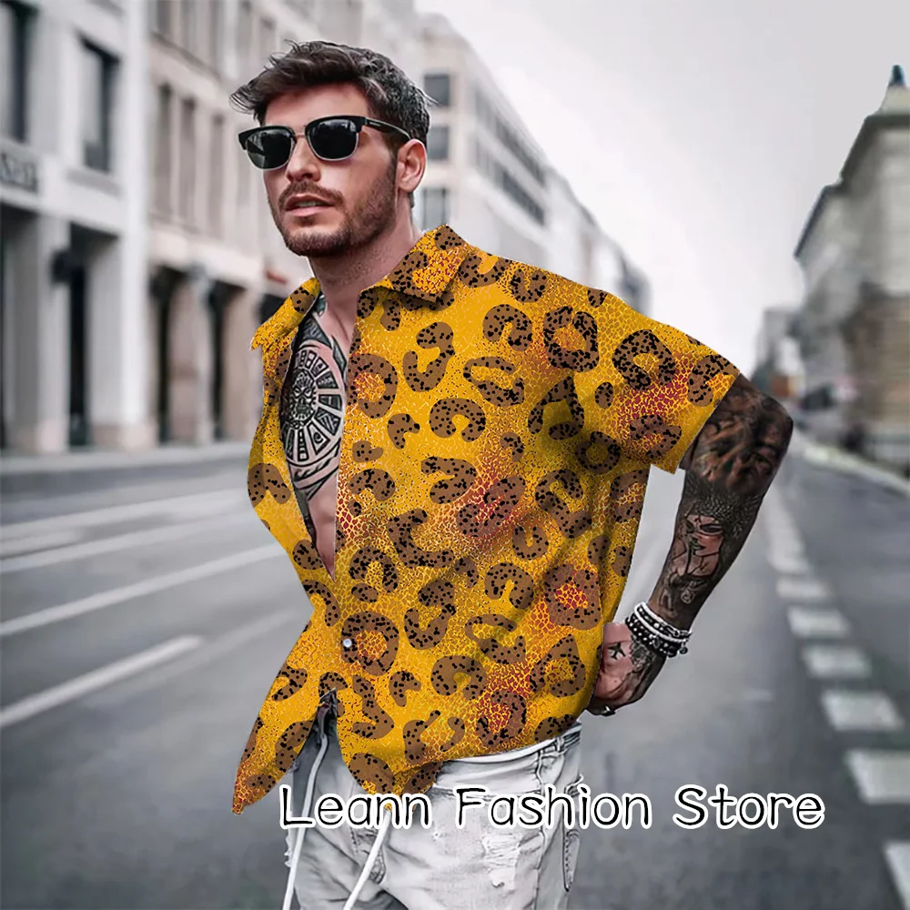 Men Summer Luxury Leopard Print Shirt Male Fashion Hawaiian Vacation Short Sleeve Shirt Casual Vintage Tops Tees Daily Clothing