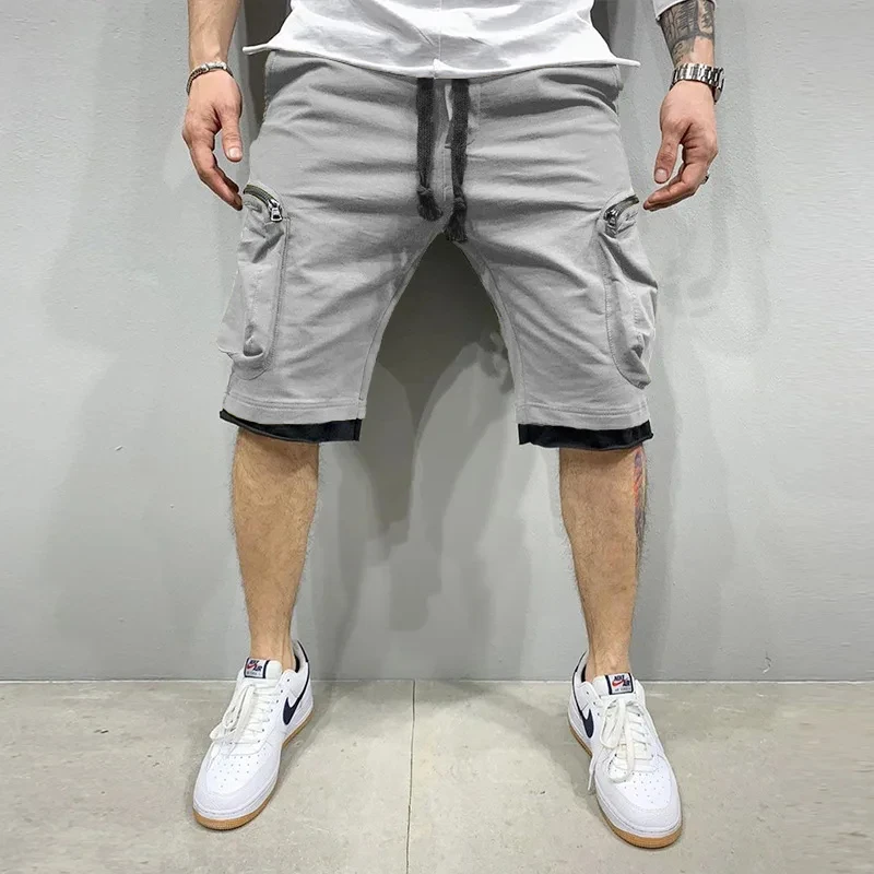 Summer New Men\'s Fitness Five Quarter Pants Cotton Shorts Double Pocket Zipper Decorative Cargo Pants Casual Sports Pants