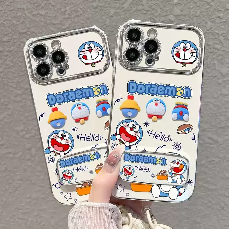 Ussid Cartoon Doraemon Phone Case Aesthetic Cute with Kickstand Mirror Lanyard for iPhone 17/16 pro Max/15/14/13/12