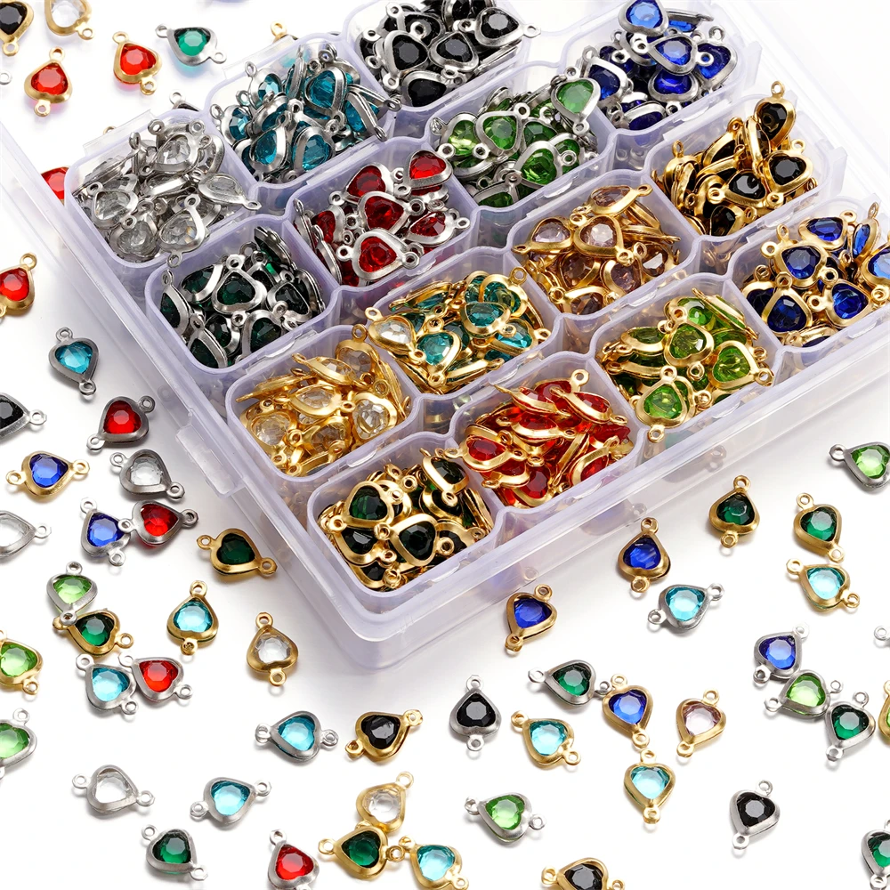 10pcs/lot Stainless Steel Crystal Love Heart Double Ring Pendants for DIY Bracelet Necklace Beads Jewelry Making Accessories