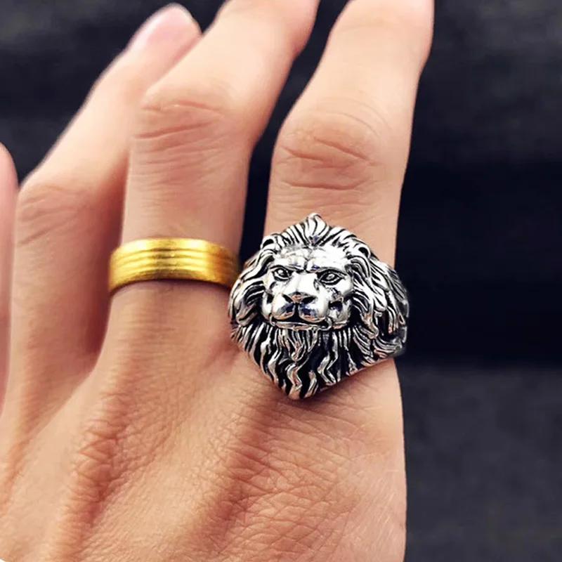 Retro Lion Head Large Ring For Men Silver Color Punk Gothic Open Ring Handmade Jewelry Rock Hiphop Biker Accessories Man Gift