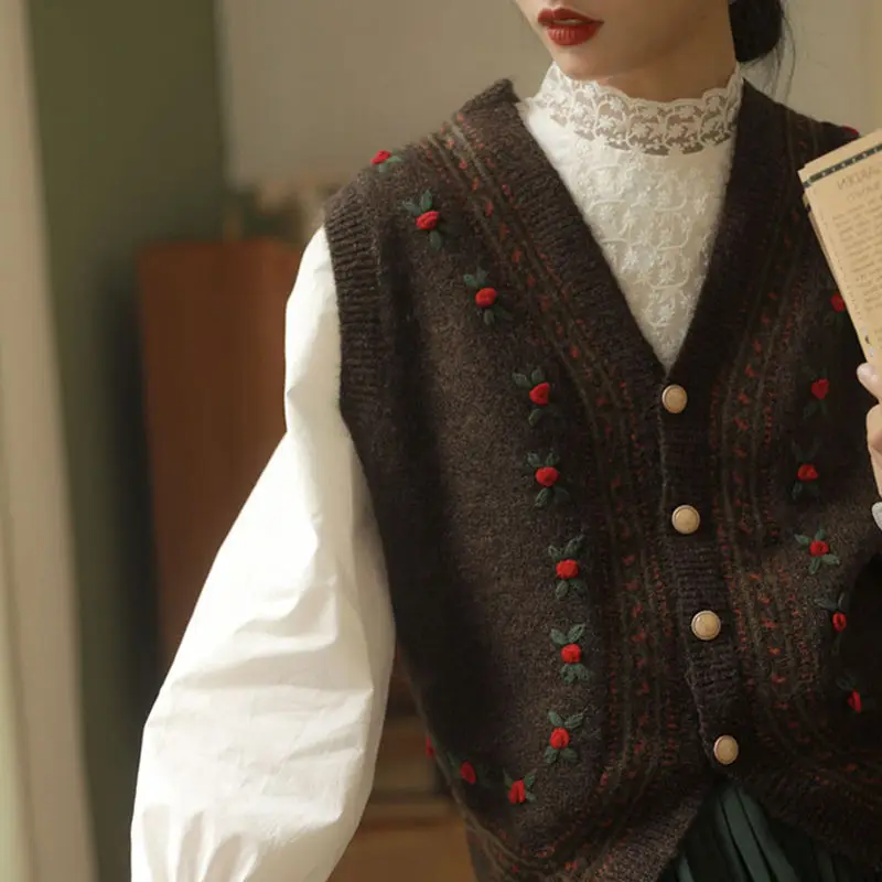 Chaleco de punto con cuello en V para mujer, cárdigan bordado tridimensional, Tops de oficina Vintage informales a la moda, primavera y otoño