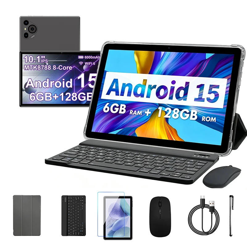 10.1 Inch Tablet Android 15, Octa-Core Processor, 6GB RAM 128GB ROM, 5G WiFi Tablet with Keyboard, Mouse and Protective Case