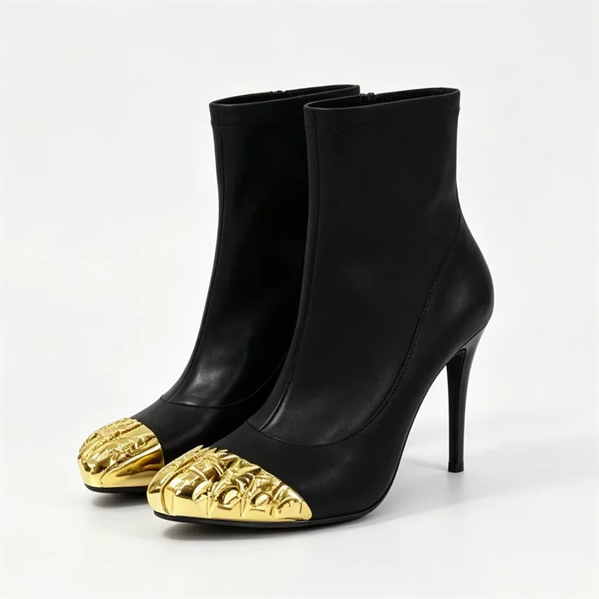 Hot Sales Women's Golden Five Toes Catwalk Ankle Boots Genuine Leather Sexy Stretch Skinny Winter Fashion Week Shoes for Women
