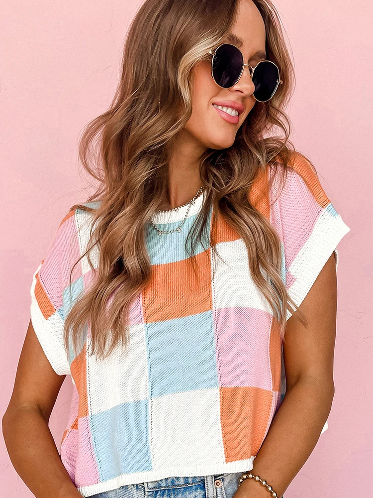 

Summer 2025 Women's Loose Fit ort Sve Knitted T-irt Thin Color Blo Slimming Top Tee Quarter Sve Sweater Street ...