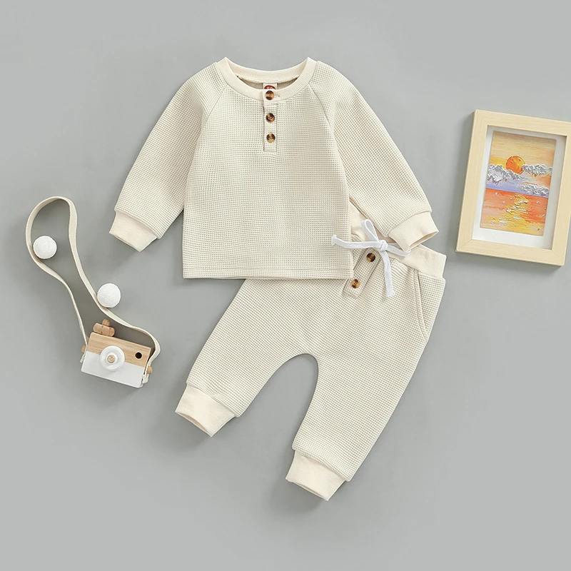 

Infant Cozy Waffle Outfit Set Unisex Kids Pullover with Button Closure and Elastic Waistband Pants for Comfort