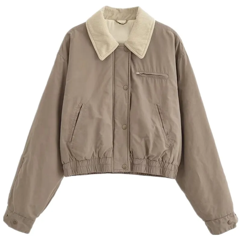 Nowa damska kurtka z długim rękawem, z kołnierzem, z bawełny woskowanej, mieszanka bawełny, kolorowa, odzież wierzchnia, dojazdy do pracy, luźny krój, zapinana na zamek.