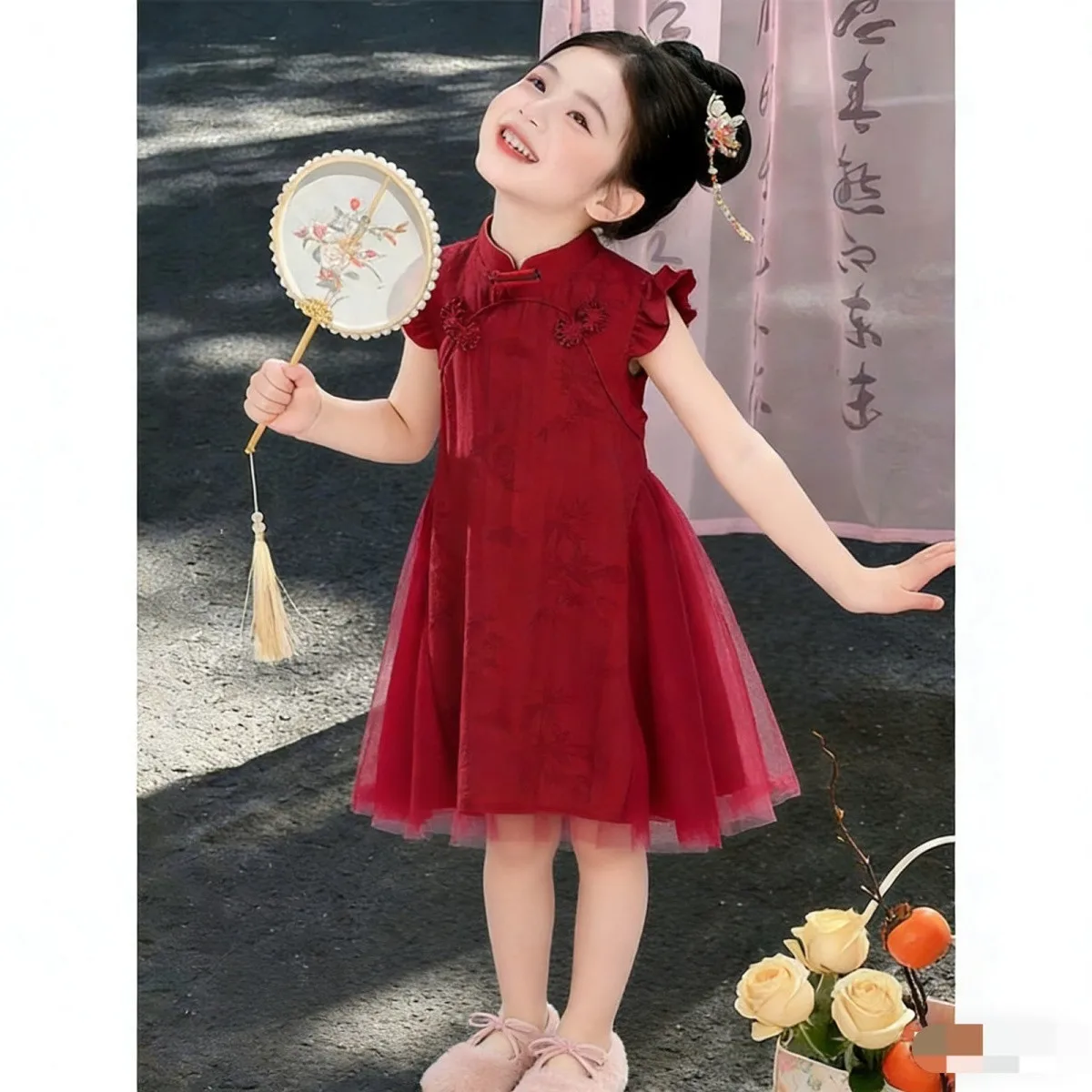 

Girls' Dress Summer New Style Children's Chinese Red Cheongsam Performance Dress Hanfu