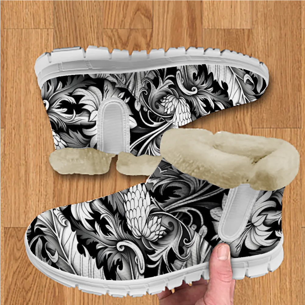 

Black hand-painted plush boots, thickened warm mesh upper, lightweight indoor ankle boots, suitable for both men and women.