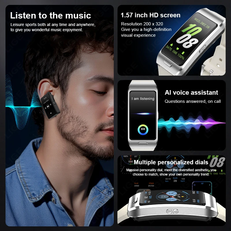 LIGE Sports Smart Watch with Earbuds Answer Make Calls 2 in 1 Bluetooth Music Watch GPS Track Fitness Smart Band for Women Men